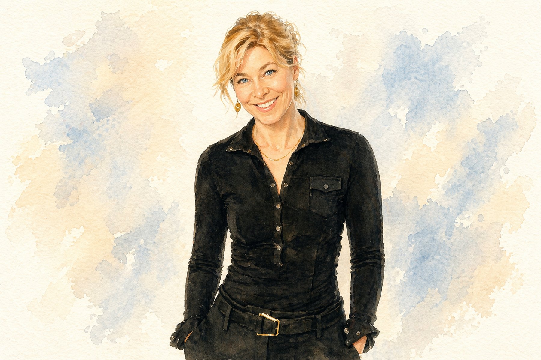 Anna Jelen, schweizerisch-schwedische Rednerin, vor einer schneebedeckten Aroser Bergkulisse, in einem rotgemusterten Rollkragenpullover, mit ruhig auf der Kamera ruhendem Blick.