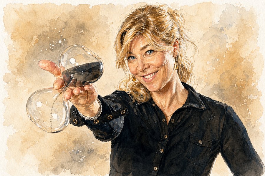 Aquarell-Portr&auml;t von Anna Jelen aus Arosa, in einer schwarzen Bluse, in der ausgestreckten Hand eine Sanduhr.