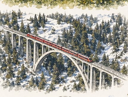 Aquarell des Glacier Express auf dem Landwasser-Viadukt im Schnee.