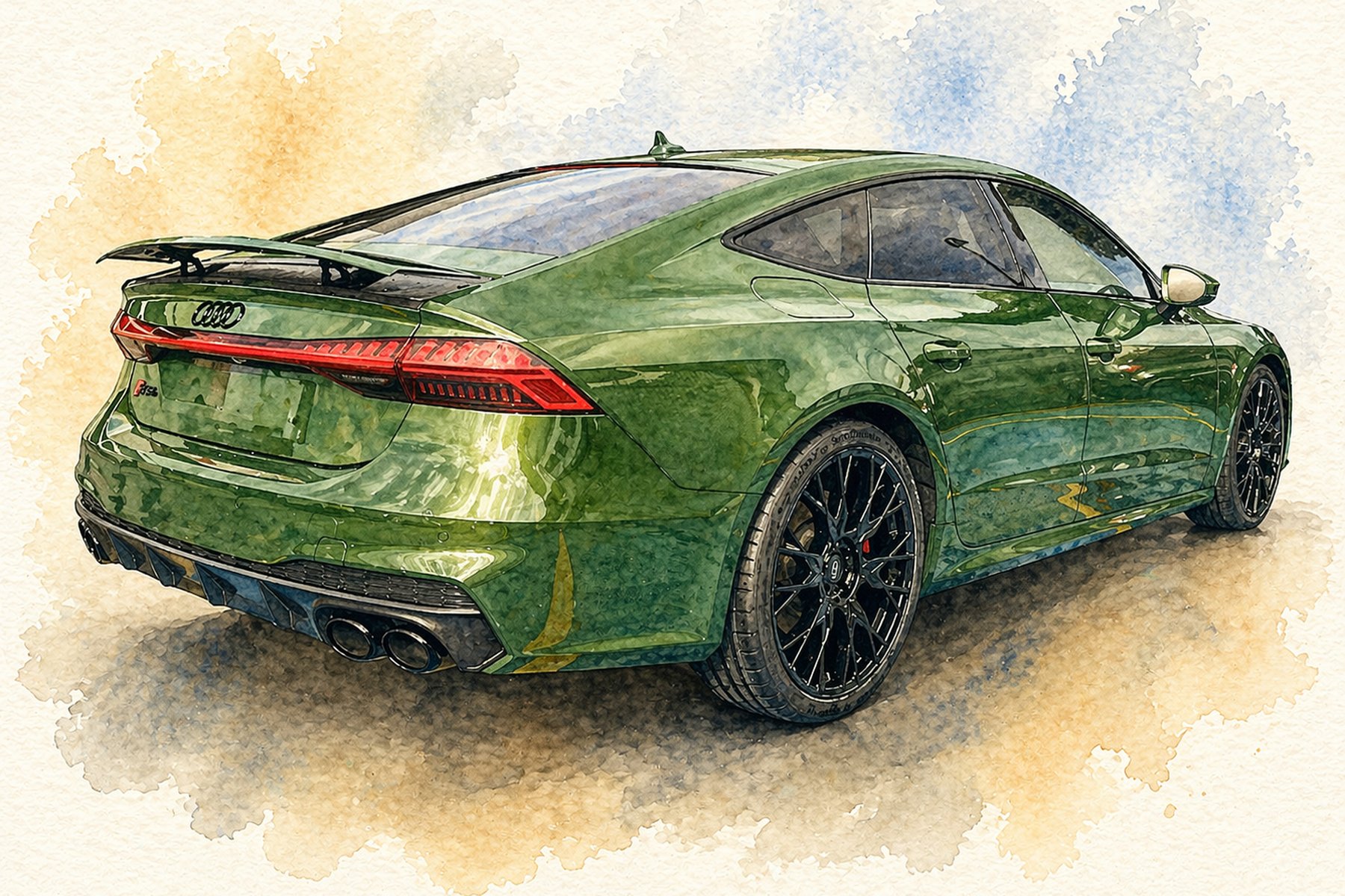 Aquarell eines dunkelgr&uuml;nen Audi&nbsp;S7 Sportback in Heckansicht, auf hellem Grund.