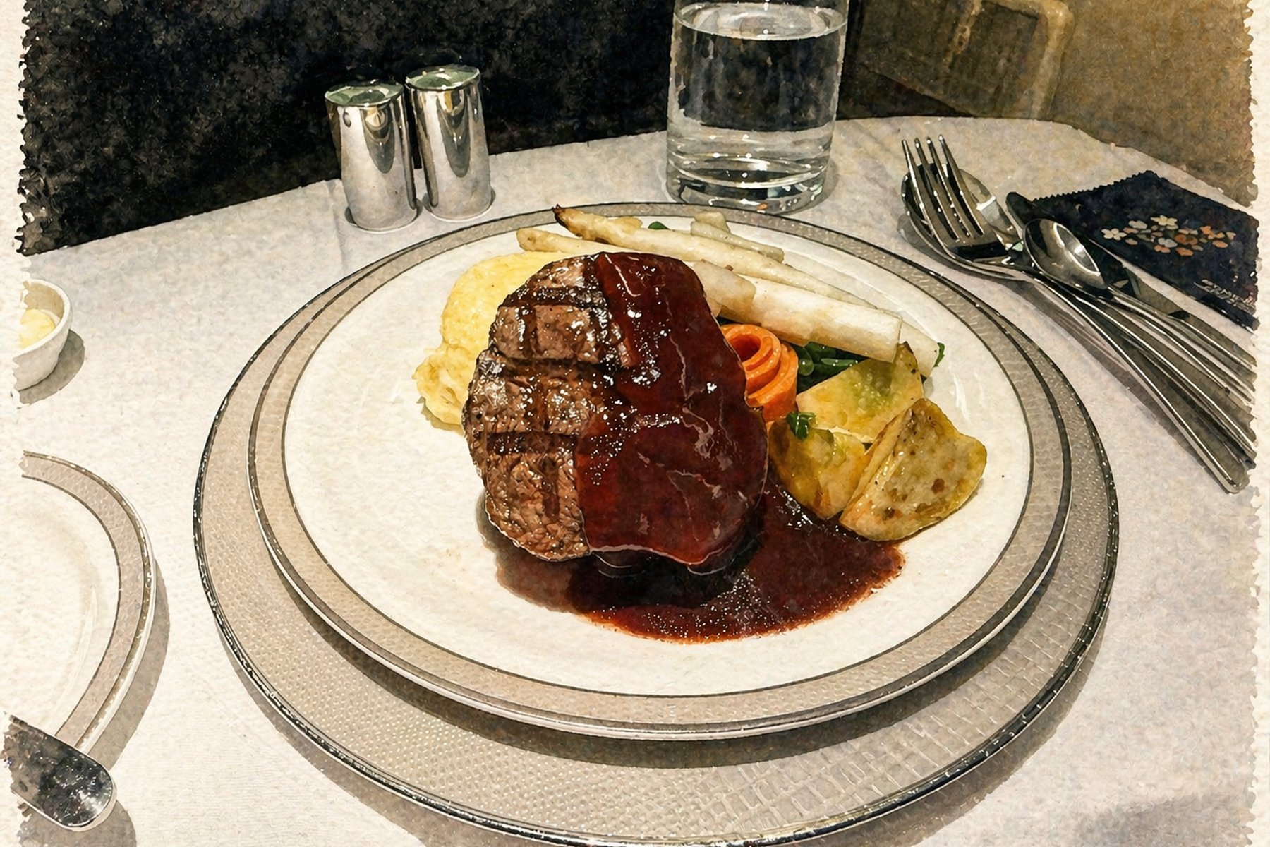Aquarell eines gedeckten Tisches in der ersten Klasse von Singapore Airlines: ein Filet mit dunkler Sauce auf wei&szlig;em Porzellan, Spargel, Wasser im Kristallglas, polierte Bestecke.