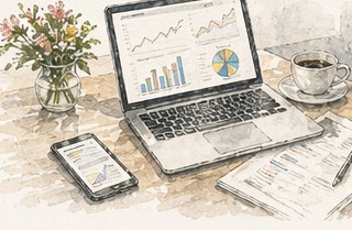 Aquarell eines Schreibtischs mit aufgeklapptem Laptop, Charts auf dem Bildschirm, Espressotasse, Wiesenblumen in einer kleinen Vase.