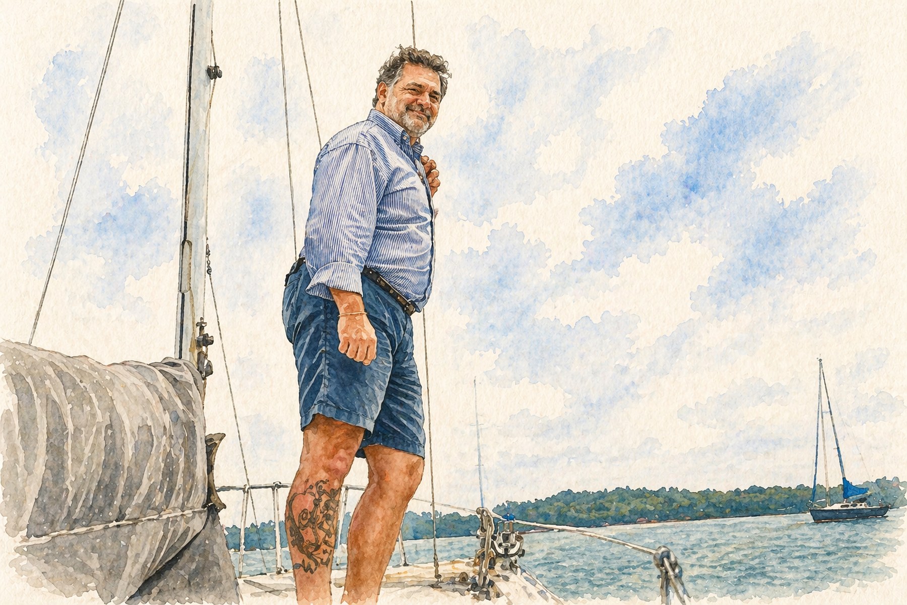 Carmelo Pistorio an Bord seiner Segelyacht in einer ruhigen Bucht, im gestreiften Hemd und kurzen Hosen, im Hintergrund eine bewaldete K&uuml;ste und eine zweite Yacht.