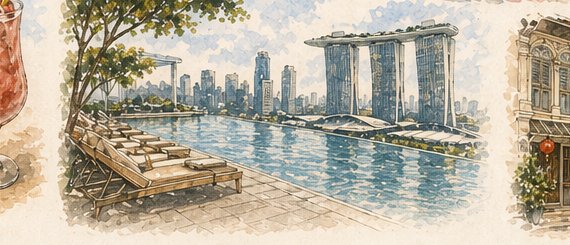 Aquarell eines Holzdecks am Wasser mit Blick &uuml;ber die Marina Bay nach Singapur, Marina Bay Sands und Skyline am Horizont.