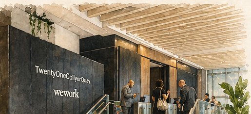 Aquarell des Eingangs zum WeWork an der 21 Collyer Quay in Singapur.